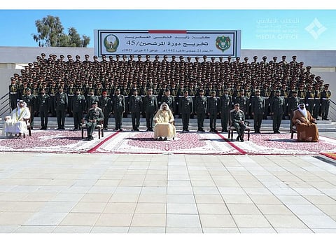 Sheikh Mohammed attends the graduation ceremony of the 45th batch of cadet officers of the Zayed II Military College in Al Ain.