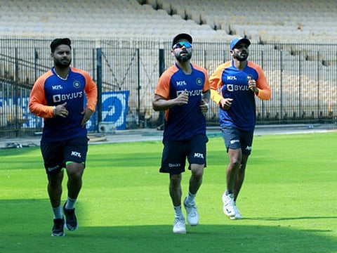 Virat Kohli (centre) going through the hard yards along with Rishabh Pant (left) and Shardul Thakur at the M.A.Chidambaram Stadium in Chennai.