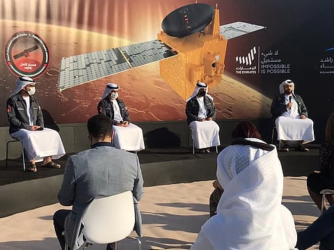The UAE Mars Mission operations team during the press briefing at Mohammed Bin Rashid Space Centre in Dubai on Thursday. From left: Mahmood Abdulaziz AlNasser, Mission Operations Control Development Lead, Ahmed Abdulrazaq Wali, Deputy Project Manager, Zakareyya Hussain Al Shamsi, Deputy Project Manager -- Mission Operations; and Hamad Eisa Al Hazami, Software Development Engineer and Flight Director.