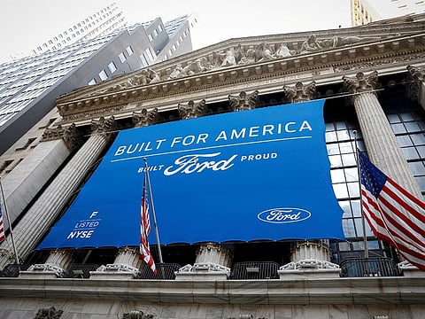 A Ford Motor Co. banner is displayed outside the New York Stock Exchange (NYSE) in New York, U.S.