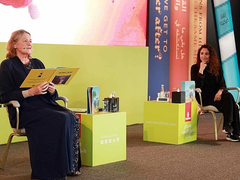 Isobel Abulhoul (left) read out the stories from Sheikh Mohammed's newly launched book 'My Little World' in English, while Ahlam Bolooki read the stories in Arabic, at the Festival of Literature in Dubai Festival City today.
