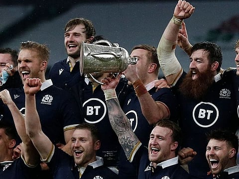 Scotland celebrate their Calcutta Cup Six Nations win over England