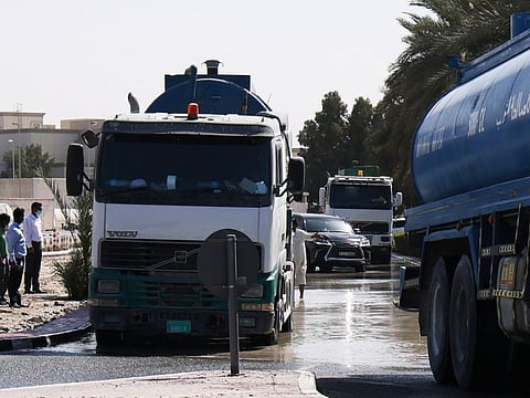 Flooding near Ibn Battuta Mall causes a hindrance to motorists and pedestrians in the area on 8th February, 2021. Photo Clint Egbert/Gulf News