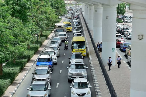 Traffic comes to a crawl during the afternoon in the school area in Oud Metha, Dubai.
