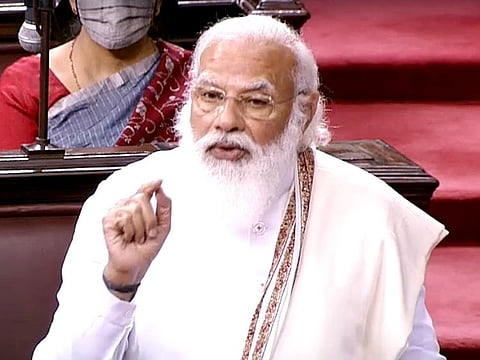 Prime Minister Narendra Modi speaks during the Budget Session of Parliament in Rajya Sabha (Upper House) in New Delhi on Monday.