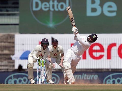 India's Rishabh Pant plays a shot during the day 3 of the first Test vs England at MA Chidambaram Stadium in Chennai on Sunday.