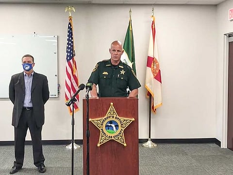 In a photo provided by Pinellas County Sheriff’s Office, Sheriff Bob Gualtieri of Pinellas County at a news conference on Monday, Feb. 8, 2021. Gualtieri spoke about how hackers remotely accessed the water treatment plant of a small Florida city last week and briefly changed the levels of lye in the drinking water, in the kind of critical infrastructure intrusion that cybersecurity experts have long warned about.