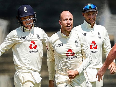 England's bowler Jack Leach celebrates the dismissal of India's Ravichandran Ashwin during the final day of the first Test, at M.A. Chidambaram Stadium, in Chennai.