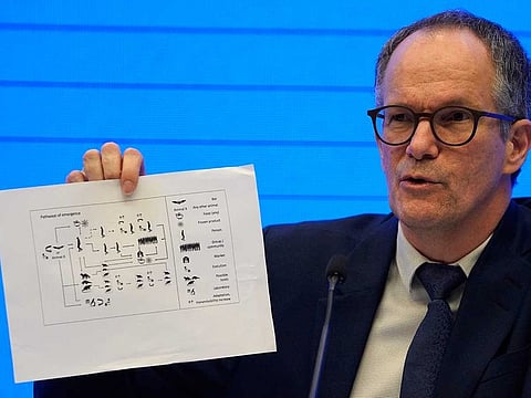 Peter Ben Embarek, a member of the World Health Organisation team, holds up a chart showing pathways of transmission of the virus during a joint press conference held at the end of the WHO mission in Wuhan in central China's Hubei province on Tuesday, Feb. 9, 2021.