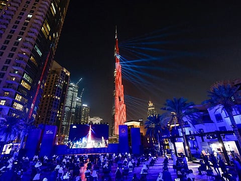 Laser show celebration ahead of the live broadcast of Hope Probe entering Mars orbit as a part of Emirates Mars mission, in Dubai.