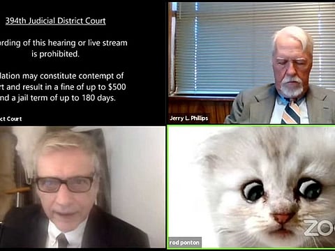 Lawyer Rod Ponton appears with a kitten filter turned on during a virtual hearing of the 394th District Court of Texas, U.S.