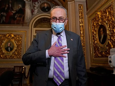 Senate Majority Leader Chuck Schumer, a Democrat from New York, leaves the Senate floor at U.S. Capitol in Washington, D.C., U.S., on Tuesday, Feb. 9, 2021.