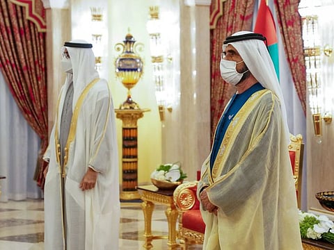 His Highness Sheikh Mohammed bin Rashid Al Maktoum, Vice-President and Prime Minister of the UAE and Ruler of Dubai (R) and Sheikh Mohamed bin Zayed Al Nahyan, Crown Prince of Abu Dhabi and Deputy Supreme Commander of the UAE Armed Forces (L)