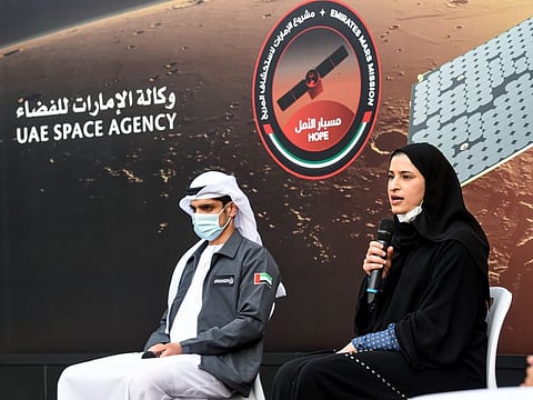 Sarah Al Amiri, Minister of State for Advanced Technology and Chairman of the UAE Space Agency and Omran Sharaf, Emirates Mars Mission Project Director address the media at the Mohammed Bin Rashid Space Centre in Dubai on Wednesday.
