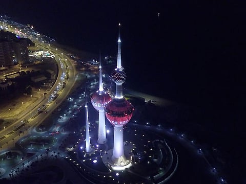 The iconic Kuwait Towers lit up in red Tuesday night in celebration of the UAE’s successful mission to Mars.