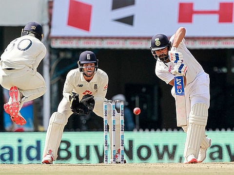 Rohit Sharma in full flow on way to his 161 on the first day of the second Test against England in Chennai.