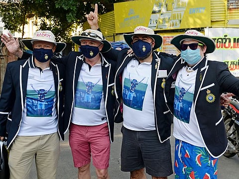 Barmy Army cricket fans gesture while cheering for England cricket team before the second Test match between India and England at the M.A. Chidambaram Cricket Stadium in Chennai on February 13, 2021.
