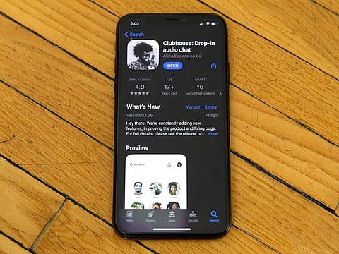 Apple's App Store page for the social media app Clubhouse is displayed on a smartphone screen in Beijing, Tuesday, Feb. 9, 2021