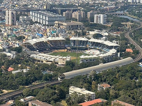 Prime Minister Narendra Modi takes a photo of the second Test between India and England being played at the MA Chidambaram Stadium in Chennai