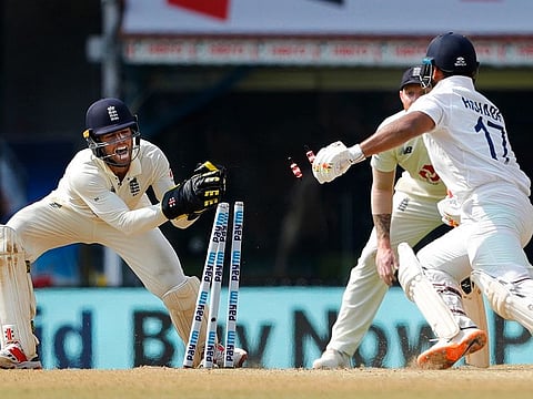 India's Rishabh Pant being stumped by England wicket-keeper Ben Foakes during the 3rd day of second Test, at M.A. Chidambaram Stadium, in Chennai, on Monday.