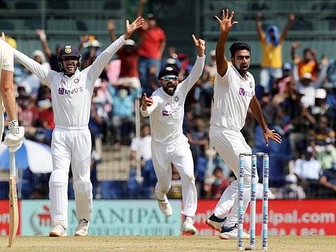 India's Ravichandran Ashwin appeals during the 2nd test match against England at MA Chidambaram Stadium, in Chennai on Sunday.