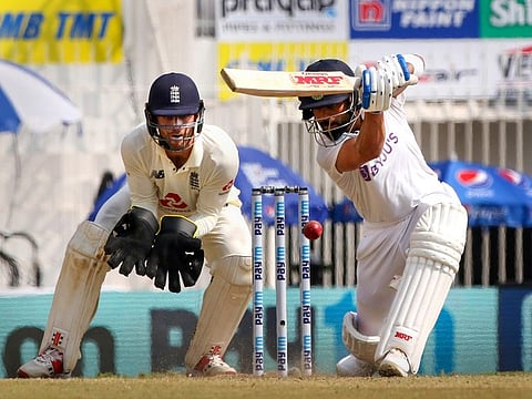 Indian Captain Virat Kohli plays a shot during the 3rd day of second cricket test match vs England, at M.A. Chidambaram Stadium, in Chennai, on Monday.