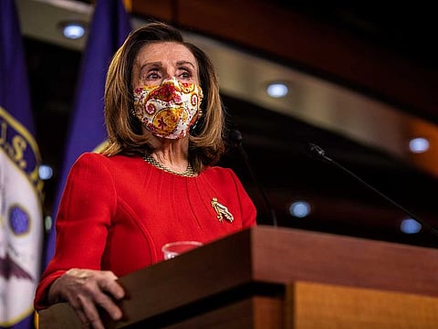 Speaker of the House Nancy Pelosi addresses her weekly news conference at the Capitol, Feb. 11, 2021. Congress will move to establish an independent commission to investigate the attack on the Capitol on Jan. 6.