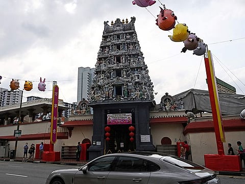 A view of Sri Mariamman temple is seen along the street in Chinatown in Singapore.