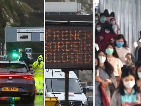 The Port of Dover (left and centre), Britain's biggest port, stopped all traffic heading to Europe in December following the discovery of a new variant of the virus which prompted a wave of countries to ban travel from the UK. Britain tightened travel restriction on February 12, 2021 with hotel quarantine and prison threat. At right, people wearing mask in public.