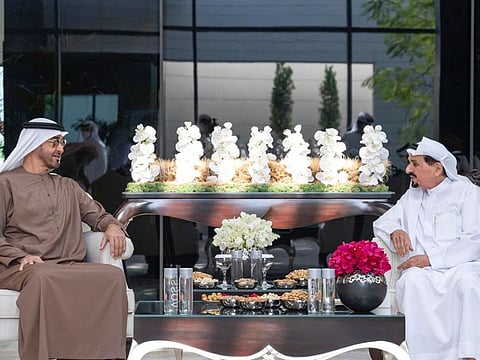 His Highness Sheikh Mohammed bin Zayed Al Nahyan, Crown Prince of Abu Dhabi and Deputy Supreme Commander of the UAE Armed Forces, met with His Highness Sheikh Humaid bin Rashid Al Nuaimi, Supreme Council Member and Ruler of Ajman.