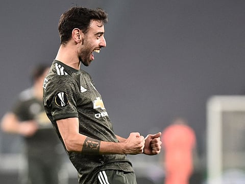 Manchester United's Bruno Fernandes celebrates scoring their second goal.