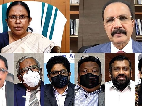 K.K. Shailaja and Dr Azad Moopen among the other participants at the virtual inauguration of the AKCAF Wellness Programme on Friday.