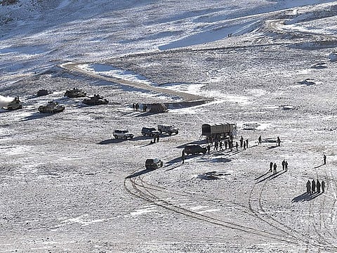 People Liberation Army (PLA) soldiers and tanks during military disengagement along the Line of Actual Control (LAC) at the India-China border in Ladakh.