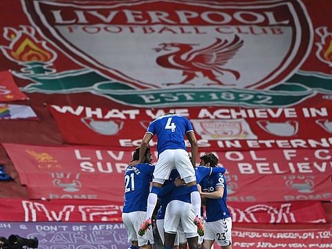 Everton celebrate first win against Liverpool at Anfield this century.