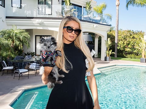 Paris Hilton with one of her dogs at home in Beverly Hills.