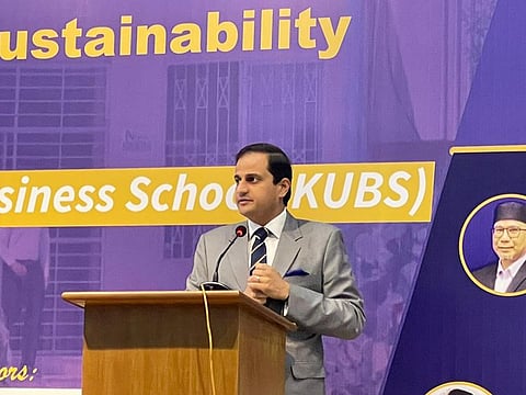 Sindh Law and Environment Adviser Barrister Murtaza Wahab addresses the international conference at Karachi University Business School.