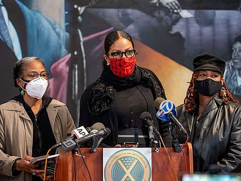 Qubiliah Shabazz (L), Ilyasah Shabazz (C) and Gamilah Shabazz (R) daughters of Malcolm-X during a news conference to present new evidence in the assassination of the civil rights activists on February 20, 2021 in New York City.