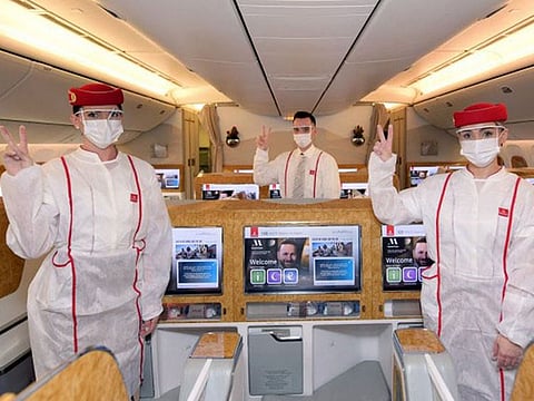 Emirates cabin crew. Emirates airline on Sunday said it operated its first flight serviced by fully vaccinated frontline teams across all customer touchpoints.