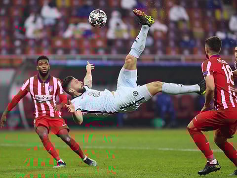 Chelsea's Olivier Giroud scores his acrobatic goal.