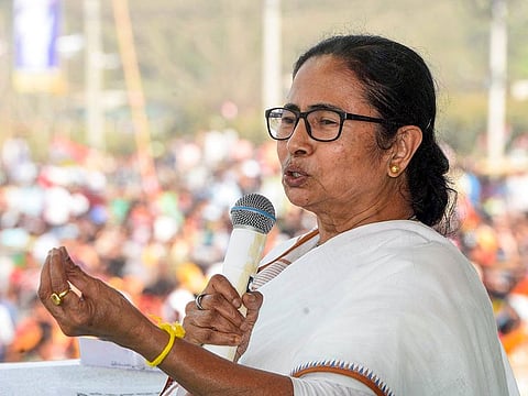 West Bengal Chief Minister Mamata Banerjee addresses a public meeting, at Sahaganj in Hooghly district, on Wednesday.