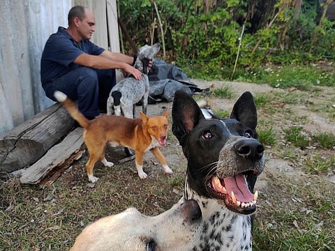 A man caresses his dog outisde his house in Havana.