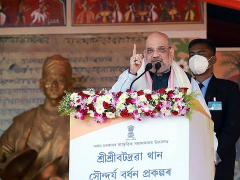 India's Union Home Minister Amit Shah addresses a public rally at Bordowa, in Nagaon, Assam, on Thursday, February 25, 2021.