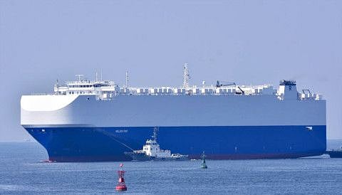 In this August 14, 2020, photo, the vehicle cargo ship Helios Ray is seen at the Port of Chiba in Chiba, Japan. An explosion struck the Israeli-owned Helios Ray as it sailed out of the Middle East on Friday, February 26, 2021.