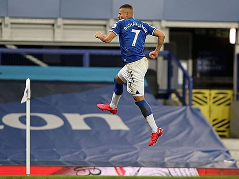 Everton's Brazilian striker Richarlison celebrates after scoring.