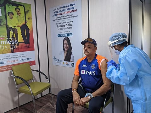 Ravi Shastri, Indian cricket team's head coach, receives his first dose of COVID-19 vaccine in Ahmedabad on Tueday.