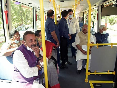 Bihar chief minister Nitish Kumar and his cabinet colleagues take a ride in the electric buses.