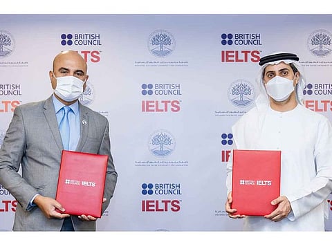 Dr Saif Al Shaali, Vice Chancellor, Mohamed Bin Zayed University for Humanities (right), is seen here with Deep Adhikari, Director Examinations Gulf South Cluster, British Council, at the launch of the new IELTS test centre