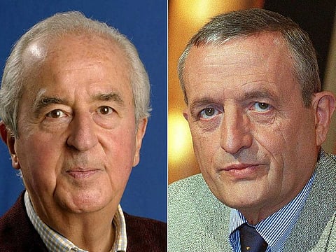 This file combo photo created on April 29, 2019 shows former French Prime Minister and President of the Foreign Affairs Commission at the National Assembly Edouard Balladur (L) on September 6, 2003 in Moliets during the UMP's European Youth Days and former French Defence minister Francois Leotard taking part in the Literature TV show "Vol de Nuit" on February 5, 2002 in Paris, to present his latest book "La couleur des femmes".