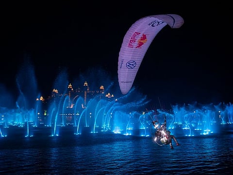 Red Bull athletes Horacio Llorens and Rafael Goberna teamed up to take part in an exclusive one-off stunt to showcase the beautiful Palm Fountain at the Pointe, Palm Jumeirah in Dubai on Thursday.