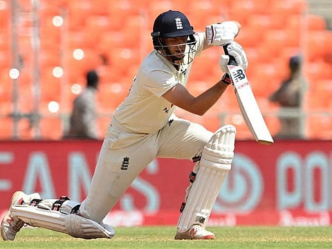England captain Joe Root drives on the third day of the fourth Test against India at the Narendra Modi Stadium in Motera on March 6, 2021.